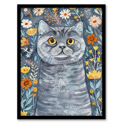 Artery8 Framed Wall Art Cute Blue British Shorthair Cat Lover Floral Pet12X16 Inch from B&Q