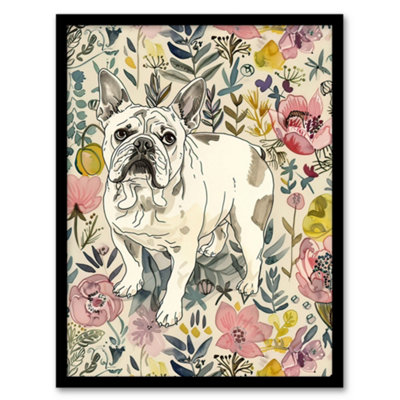 Artery8 Framed Wall Art Cute French Bulldog Dog Lover Floral Portrait12X16 Inch from B&Q