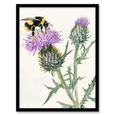 Artery8 Watercolour Bumblebee On Scottish Thistle Flower Wall Art PrintA4 Size from B&Q