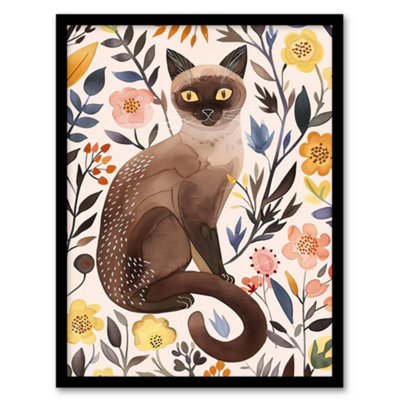 Artery8 Framed Wall Art Burmese Cat Lover Watercolour Wildflower Portrait12X16 Inch from B&Q