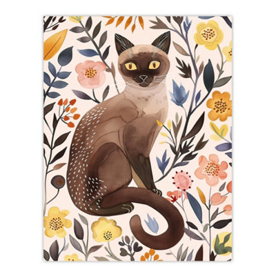 Artery8 Unframed Wall Art Burmese Cat Lover Watercolour Wildflower Portrait12X16 Inch from B&Q