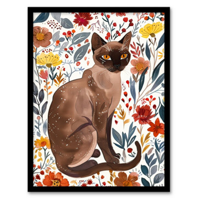 Artery8 Burmese Cat Lover Watercolour Autumn Wildflowers Wall Art PrintA4 Size from B&Q