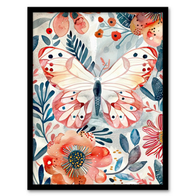 Artery8 Framed Wall Art Butterfly Red Blue Floral Watercolour Folk12X16 Inch from B&Q