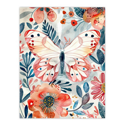 Artery8 Unframed Wall Art Butterfly Red Blue Floral Watercolour Folk12X16 Inch from B&Q