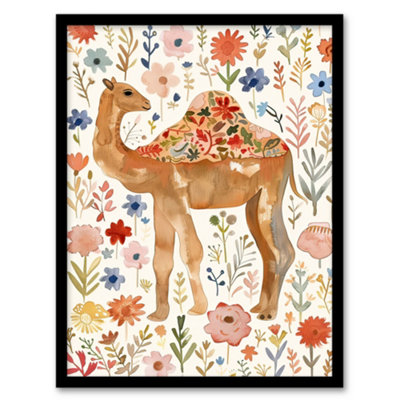 Artery8 Framed Wall Art Happy Camel With Floral Pattern Watercolour12X16 Inch from B&Q