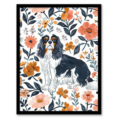 Artery8 Framed Wall Art Cavalier King Charles Spaniel In Floral Pattern12X16 Inch from B&Q