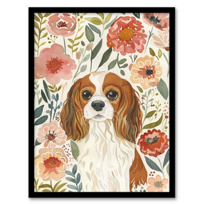 Artery8 Framed Wall Art Cute Cavalier King Charles Spaniel In Wildflowers12X16 Inch from B&Q