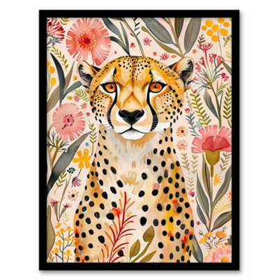 Artery8 Cheetah In Exotic Flower Garden Watercolour Wall Art PrintA4 Size from B&Q