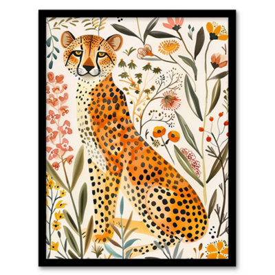 Artery8 Framed Wall Art Happy Cheetah With Wildflowers Watercolour12X16 Inch from B&Q