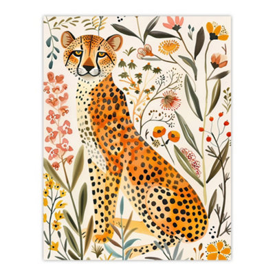 Artery8 Unframed Wall Art Happy Cheetah With Wildflowers Watercolour12X16 Inch from B&Q