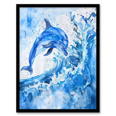 Artery8 Playful Dolphin In Ocean Waves Splash Watercolour Wall Art PrintA4 Size from B&Q