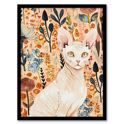 Artery8 Sphynx Cat In Autumn Wildflowers Watercolour Wall Art PrintA4 Size from B&Q