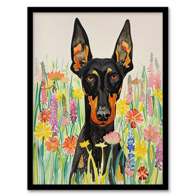 Artery8 Doberman In Spring Meadow Vibrant Portrait Wall Art PrintA4 Size from B&Q