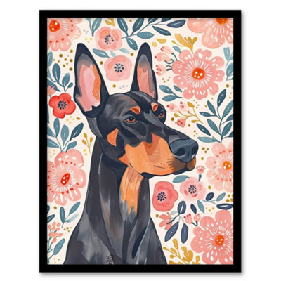 Artery8 Dog Lover Doberman Portrait Pink Floral Folk Wall Art Wall Art PrintA4 Size from B&Q