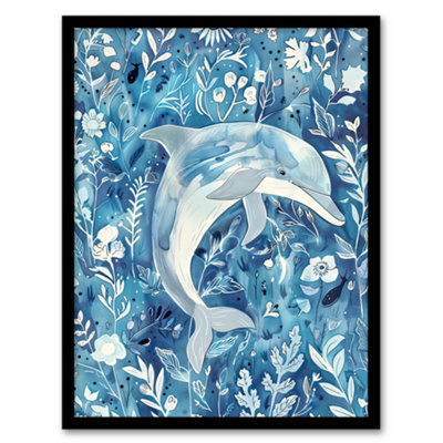 Artery8 Dolphin In Blue Floral Pattern Watercolour Wall Art PrintA4 Size from B&Q