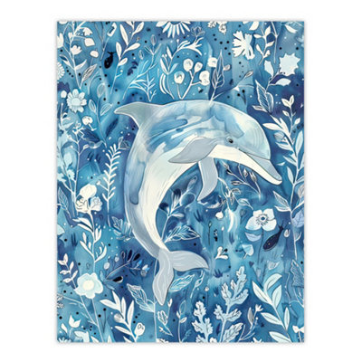 Artery8 Unframed Wall Art Dolphin In Blue Floral Pattern Watercolour12X16 Inch from B&Q