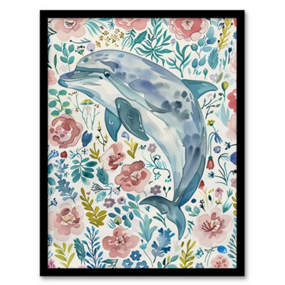 Artery8 Dolphin With Wildflowers Pink Blue Watercolour Wall Art PrintA4 Size from B&Q