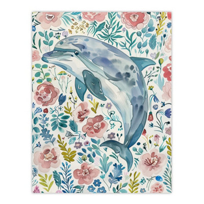 Artery8 Unframed Wall Art Dolphin With Wildflowers Pink Blue Watercolour12X16 Inch from B&Q