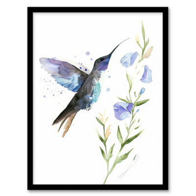 Artery8 Framed Wall Art Elegant Hummingbird With Wildflower Watercolour12X16 Inch from B&Q