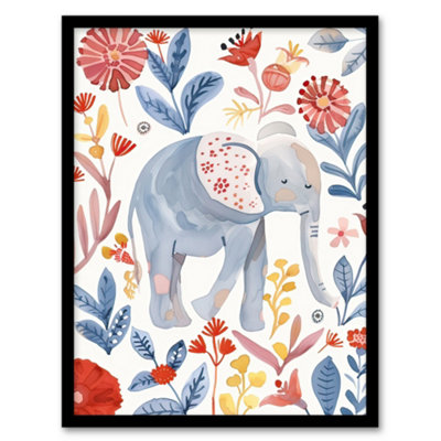 Artery8 Framed Wall Art Cute Baby Elephant Blue Red Floral Watercolour12X16 Inch from B&Q