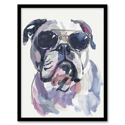 Artery8 Framed Wall Art English Bulldog In Aviator Sunglasses Watercolour12X16 Inch from B&Q