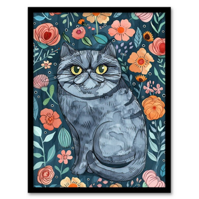 Artery8 Grumpy Blue Exotic Shorthair Cat Floral Portrait Wall Art PrintA4 Size from B&Q