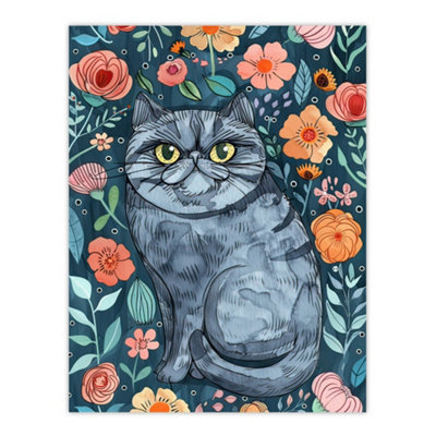Artery8 Unframed Wall Art Grumpy Blue Exotic Shorthair Cat Floral Portrait12X16 Inch from B&Q
