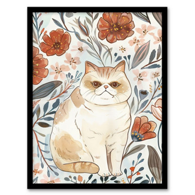 Artery8 Smiling Exotic Shorthair Cat Floral Watercolour Wall Art PrintA4 Size from B&Q