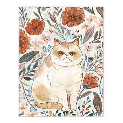 Artery8 Unframed Wall Art Smiling Exotic Shorthair Cat Floral Watercolour12X16 Inch from B&Q