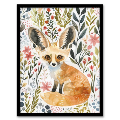 Artery8 Fennec Fox Boho Floral Watercolour Portrait Wall Art PrintA4 Size from B&Q