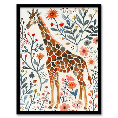 Artery8 Framed Wall Art Giraffe With Wildflowers Watercolour Folk12X16 Inch from B&Q