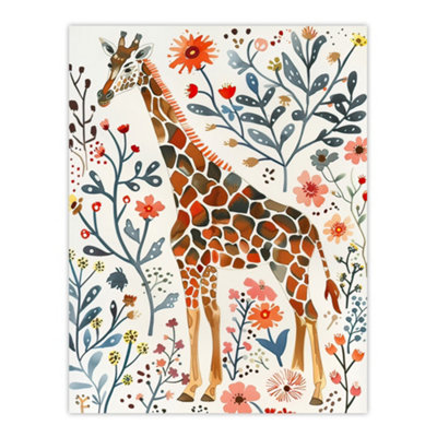 Artery8 Unframed Wall Art Giraffe With Wildflowers Watercolour Folk12X16 Inch from B&Q