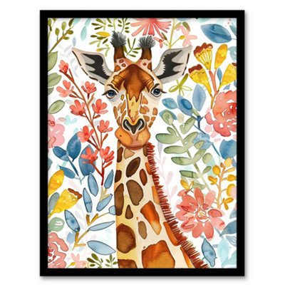 Artery8 Giraffe Colourful Floral Watercolour Portrait Wall Art PrintA4 Size from B&Q