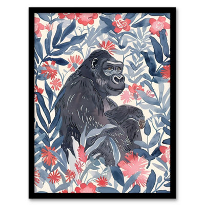 Artery8 Framed Wall Art Gorilla Ape And Pink Tropical Flowers Watercolour12X16 Inch from B&Q