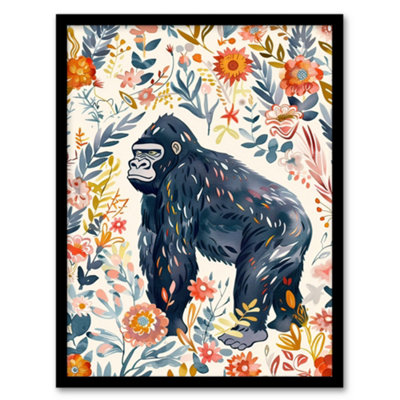Artery8 Gorilla Ape With Wildflowers Floral Watercolour Wall Art PrintA4 Size from B&Q