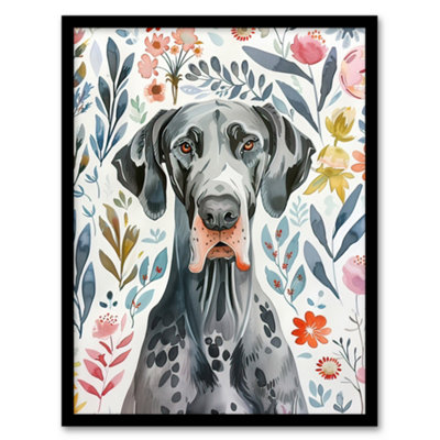 Artery8 Framed Wall Art Elegant Great Dane Dog Lover Floral Pet Portrait12X16 Inch from B&Q
