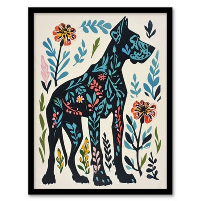 Artery8 Great Dane Dog Lover Floral Folk Art Pattern Wall Art PrintA4 Size from B&Q