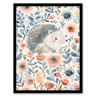 Artery8 Framed Wall Art Cute Hedgehog With Blue Pink Flowers Watercolour12X16 Inch from B&Q