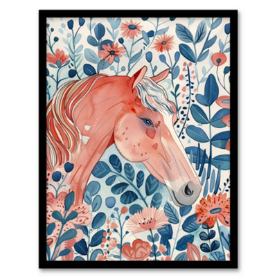 Artery8 Framed Wall Art Horse In Flower Field Pink Blue Watercolour12X16 Inch from B&Q