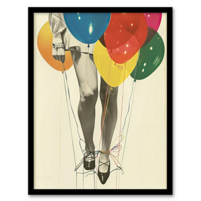 Artery8 Party Over Woman Colourful Balloons Collage Wall Art PrintA4 Size from B&Q