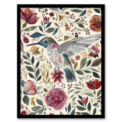 Artery8 Hummingbird With Rustic Flower Pattern Muted Tones Wall Art PrintA4 Size from B&Q