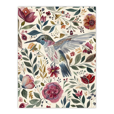 Artery8 Unframed Wall Art Hummingbird With Rustic Flower Pattern Muted Tones12X16 Inch from B&Q