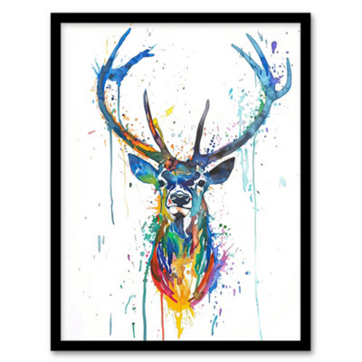 Artery8 Deer Stag Colourful Ink Splat Bright Portrait Wall Art PrintA4 Size from B&Q