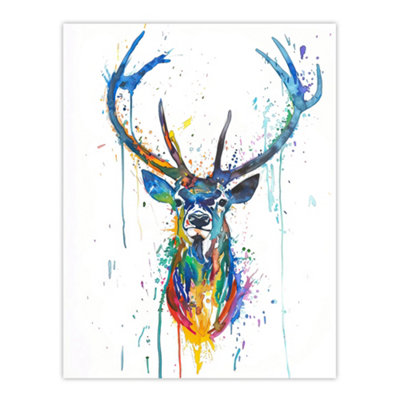 Artery8 Unframed Wall Art Deer Stag Colourful Ink Splat Bright Portrait12X16 Inch from B&Q