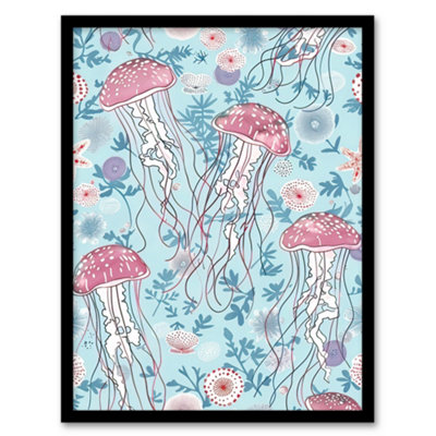 Artery8 Underseas Jellyfish Flowers Baby Blue Pink Design Wall Art PrintA4 Size from B&Q