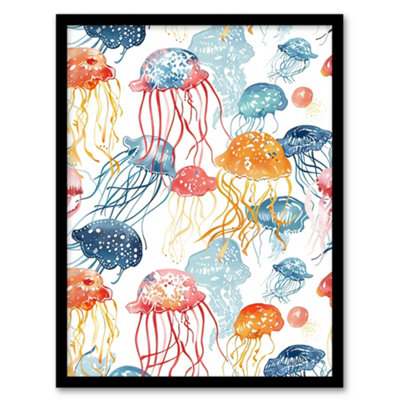 Artery8 Framed Wall Art Jellyfish Blue Pink Orange Bright Watercolour12X16 Inch from B&Q