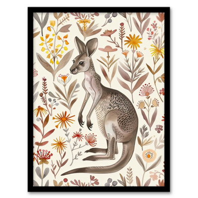 Artery8 Framed Wall Art Cute Kangaroo With Wildflowers Bright Folk12X16 Inch from B&Q