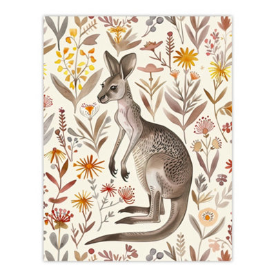 Artery8 Unframed Wall Art Cute Kangaroo With Wildflowers Bright Folk12X16 Inch from B&Q