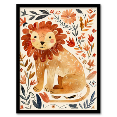Artery8 Framed Wall Art Cute Baby Lion Rustic Floral Watercolour12X16 Inch from B&Q