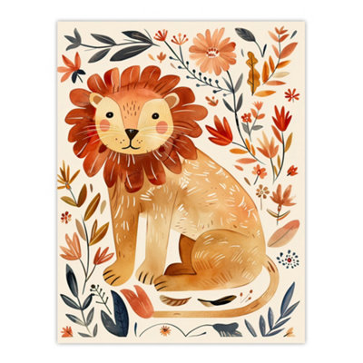Artery8 Unframed Wall Art Cute Baby Lion Rustic Floral Watercolour12X16 Inch from B&Q